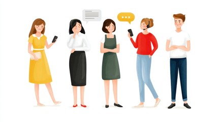 A diverse group of young adults engaging in conversation and using smartphones. This illustration portrays modern communication and social interactions in a vibrant setting.
