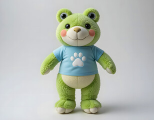 Whimsical frog doll in a light blue t-shirt with a white paw print, standing front and center on a pristine white surface.