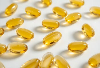 Glossy Omega-3 Softgel Capsules with Subtle Shadows on White