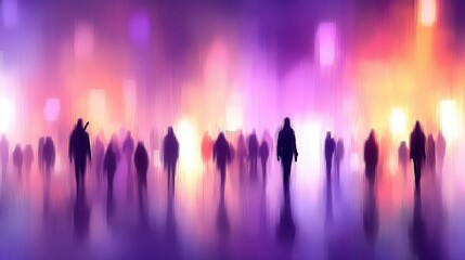 Fototapeta premium A dreamy scene filled with silhouettes of people against a backdrop of colorful lights, creating an atmosphere of mystery and intrigue in an urban setting.