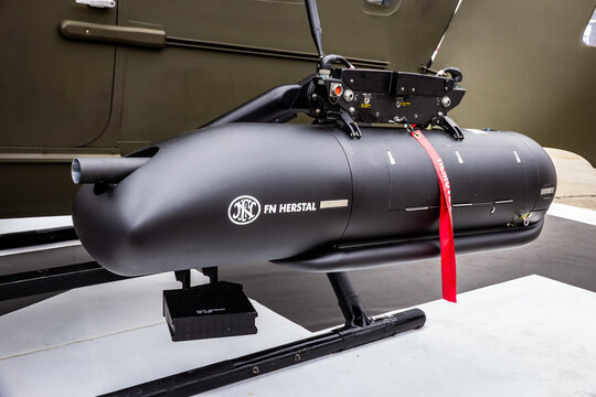 FN Herstal .50cal machine gun pod on an Airbus H145M helicopter at the Paris Air Show (2015)