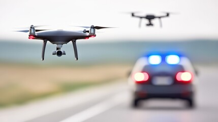 A dynamic scene showcasing police drones flying over a highway, highlighting modern law enforcement technology and aerial surveillance.