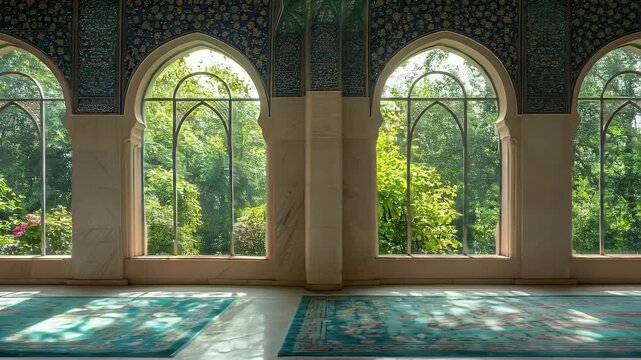 Interior Featuring Ornate Arched Windows with Garden View and Turquoise Carpet with Elaborate Blue and Gold Details