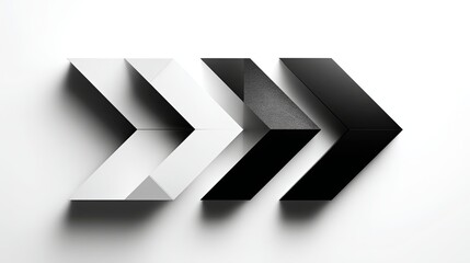 Abstract black directional arrows and geometric symbols on white background with sharp shadows and modern minimalist design