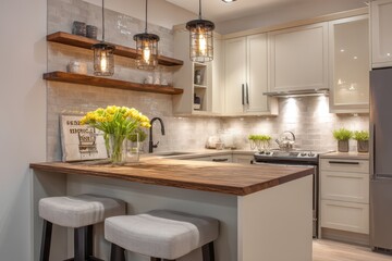 Fototapeta premium A well-lit, modern kitchen island with wooden countertop and bar stools.