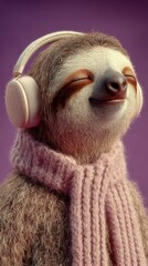 Sloth enjoying music while wearing headphones and a cozy scarf against a purple background