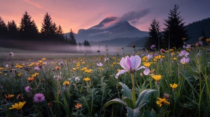 Scenic mountain landscape at sunrise with colorful wildflowers in the foreground and misty pine forest in the background