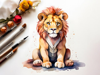 Watercolor lion on a white background, surrounded by artist supplies.