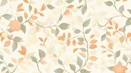 Seamless pastel floral pattern with peach and green leaves and flowers on a cream background.