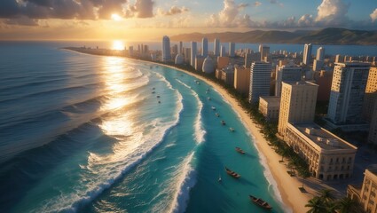 Coastal cityscape at sunrise with modern skyscrapers, sandy beach, and ocean waves under a vibrant sky