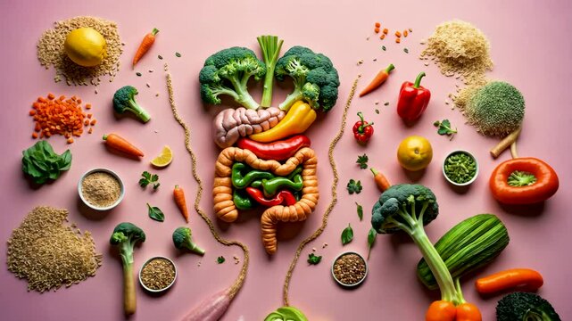Assorted healthy vegetables arranged as digestive organs on pink background promoting clean eating