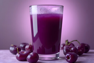 Purple grape juice in a wine glass with splashes, dark yellow background, grapes floating around the glass.