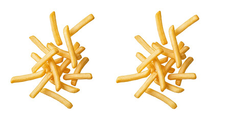 Dynamic shot of crispy golden French potato fries appearing to fly, isolated on a transparent PNG background. Ideal for creative food advertising or promotions.