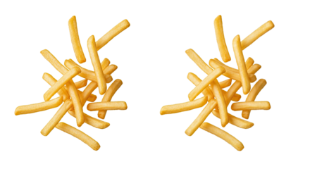 Dynamic shot of crispy golden French potato fries appearing to fly, isolated on a transparent PNG background. Ideal for creative food advertising or promotions.