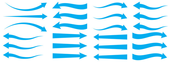 Air flow arrows set. Set of blue arrow showing wind air flow. Vector set of air flow arrows. Blue air flow arrows showing wind circulation and ventilation. Set of blue arrows showing cold air 