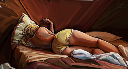 Illustration. Girl lying on the bed.