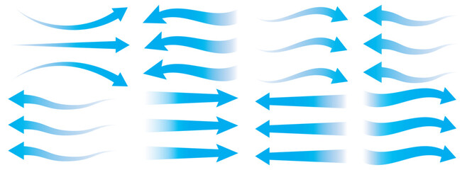 Air flow arrows set. Set of blue arrow showing wind air flow. Vector set of air flow arrows. Blue air flow arrows showing wind circulation and ventilation. Set of blue arrows showing cold air 
