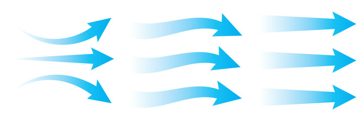 Air flow arrows set. Set of blue arrow showing wind air flow. Vector set of air flow arrows. Blue air flow arrows showing wind circulation and ventilation. Set of blue arrows showing cold air 