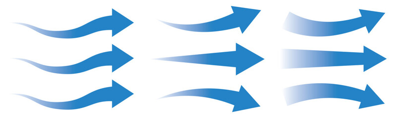 Air flow arrows set. Set of blue arrow showing wind air flow. Vector set of air flow arrows. Blue air flow arrows showing wind circulation and ventilation. Set of blue arrows showing cold air 