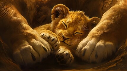 A peaceful lion cub sleeping between large lion paws in a safe den