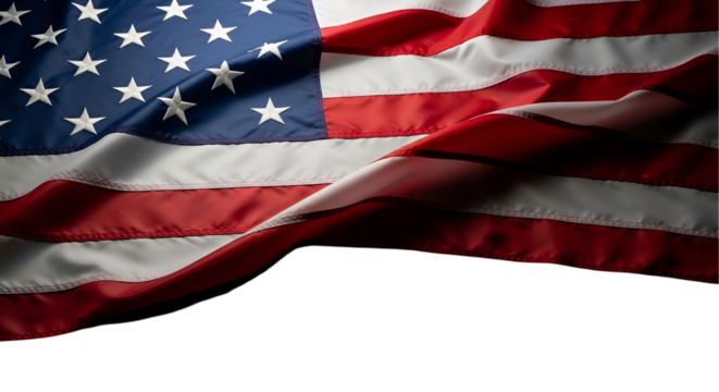 United States flag gracefully waves illuminated