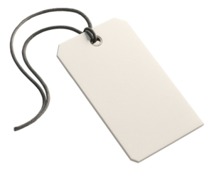 Blank white paper tag with a black string looped through a metal eyelet, on transparent background.