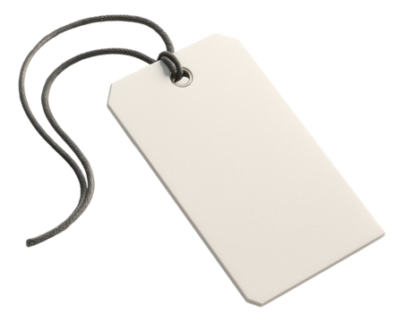 Blank white paper tag with a black string looped through a metal eyelet, on transparent background.
