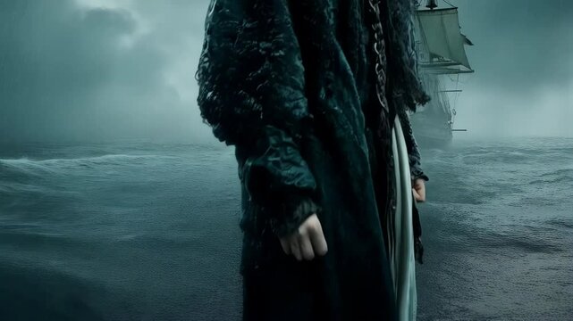 Character stands resolute against stormy sea backdrop with ship in distance