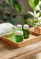 close-up of eco-friendly toiletries in bamboo tray, green lifestyle,