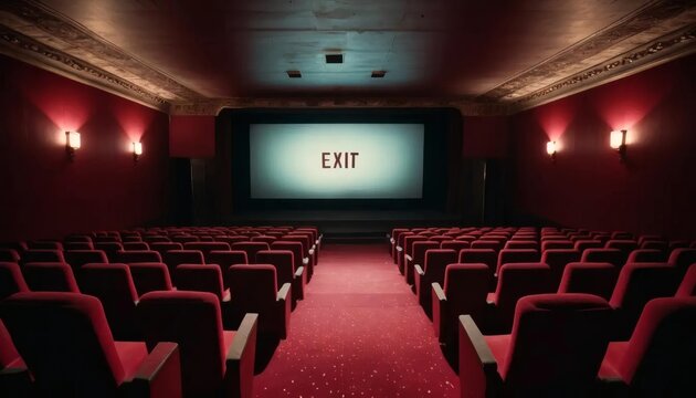 Empty movie theater auditorium with rows of red chairs facing the screen
