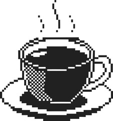 Fototapeta premium Pixel art of steaming coffee cup on saucer, black and white retro illustration