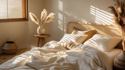 Cozy sunlit bedroom with rattan headboard, rumpled linen bedding, wooden blinds, pampas grass vase, seagrass basket&mdash;natural morning light, minimalist boho interior design