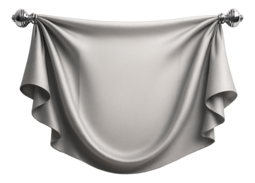 Elegant draped silver fabric hanging from ornate metal rods, showcasing smooth texture and graceful folds on transparent background.