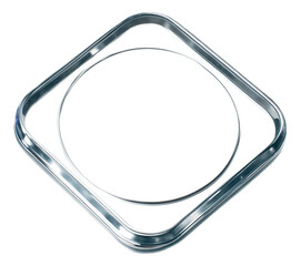 Shiny chrome square and round metal frames intertwined, showcasing modern industrial design on transparent background.