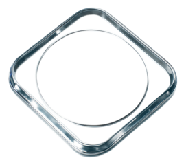 Shiny chrome square and round metal frames intertwined, showcasing modern industrial design on transparent background.