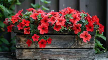 A rustic wooden planter box brimming with vibrant red petunias, hanging on an old weathered fence. This charming scene captures the essence of springtime