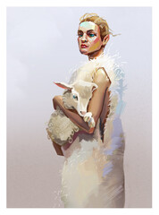 Illustration of a girl in a fur coat with a sheep in her arms.