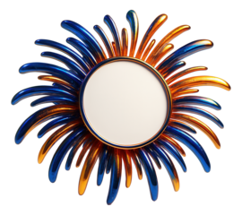 Round mirror with dynamic sunburst frame featuring alternating blue and orange metallic spikes on transparent background.
