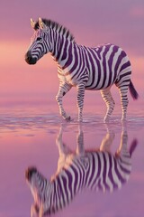 Fototapeta premium Purple Zebra Walking in Pink Water at Sunset A Surreal Wildlife Scene