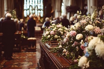 Funeral flowers adorning a casket in church during a ceremony