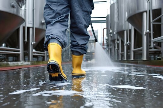Brewery worker cleaning the floor with high pressure washer