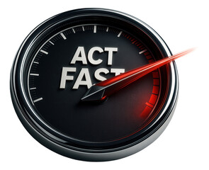 Speedometer displaying the phrase "Act Fast" with a red needle pointing to maximum speed on transparent background.