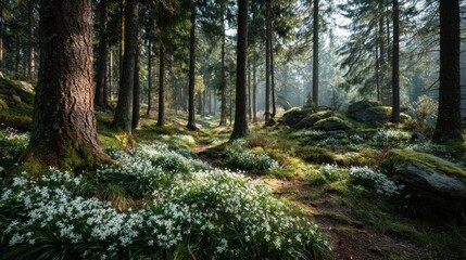 Fototapeta premium Enchanting Forest Glade with Spring Flowers and Sun-Dappled Tranquility