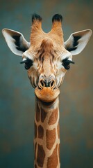 Giraffe gazes gently at the viewer in a serene environment, showcasing intricate patterns on its neck and distinctive facial features