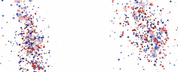 4th of July USA Independence Day decorations stars and American flags confetti pattern frame  isolated  on white background. top view, copy space. Banner