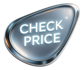 Metallic button with illuminated text "Check Price" framed in a sleek chrome design on transparent background.