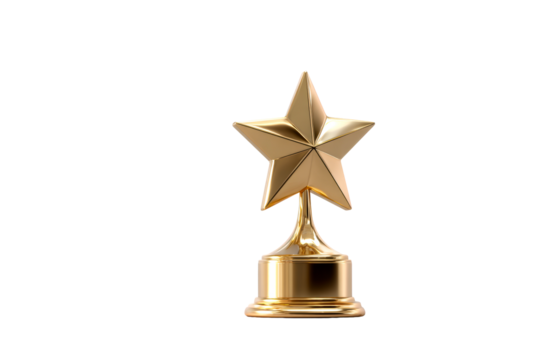 Golden star trophy with a shiny finish on a transparent background