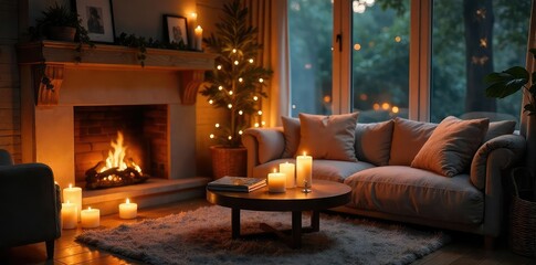 Cozy living room interior with candles creating a warm and inviting atmosphere Perfect for home decor, relaxation, and hygge-style images , modern, inviting, glow