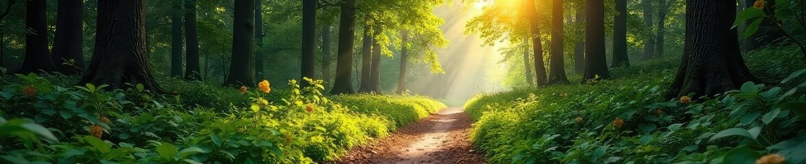 Obraz premium A winding path through a vibrant forest, sunlight dappling the leaves, leading to a distant, unseen destination The journey is symbolic of life's path, adventure, and exploration , sunlight, leaves