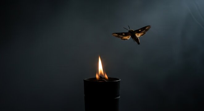 Moth hovering over flickering candle flame in dark atmosphere